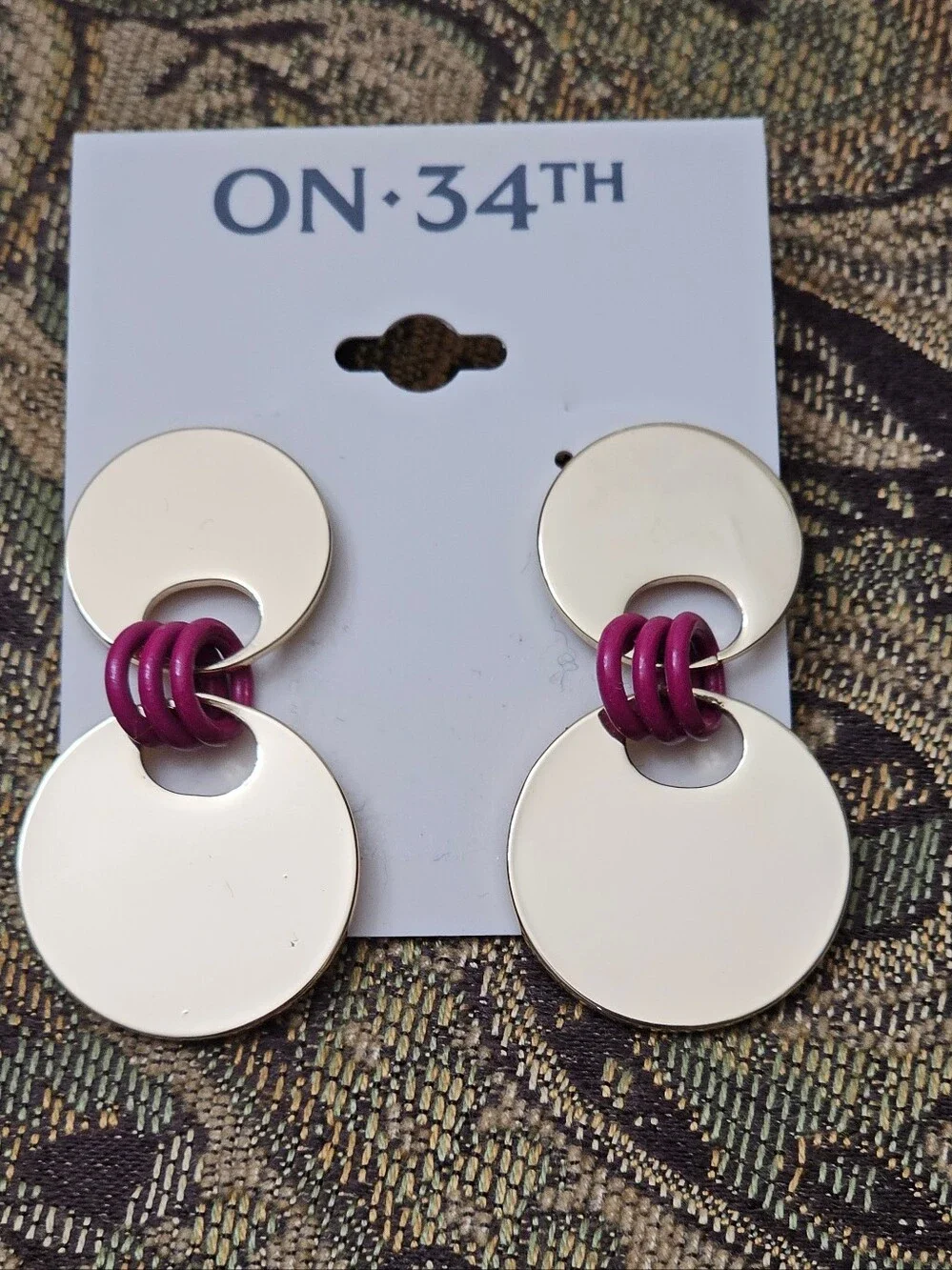 Gold-Tone and Fuchsia Disc Drop Earrings with Fuchsia Accent NWT